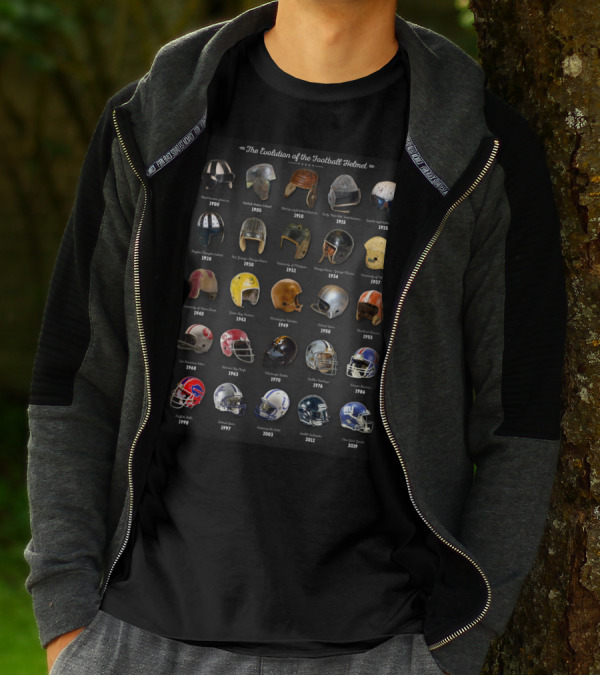 The Evolution Of The Football Helmet 1910-2009 Featuring Zuppke, Spalding, MacGregor, Riddell, Schutt, Rawlings, And Wilson Football Helmets T-Shirt