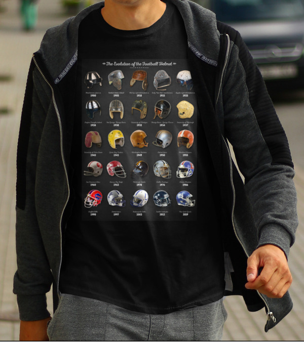 The Evolution Of The Football Helmet 1910-2009 Featuring Zuppke, Spalding, MacGregor, Riddell, Schutt, Rawlings, And Wilson Football Helmets T-Shirt