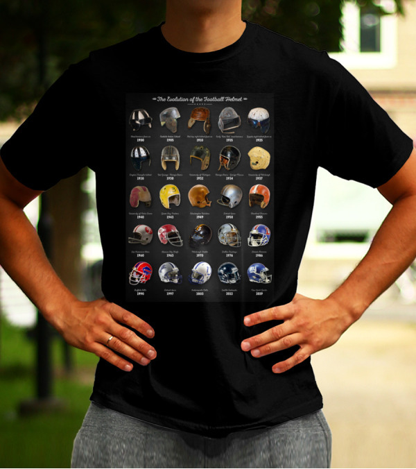 The Evolution Of The Football Helmet 1910-2009 Featuring Zuppke, Spalding, MacGregor, Riddell, Schutt, Rawlings, And Wilson Football Helmets T-Shirt