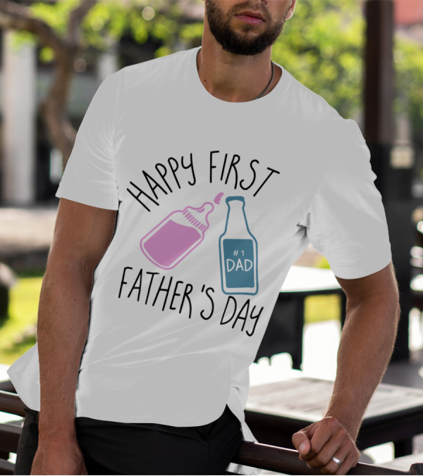 Happy First Father's Day Dad #1 Dad Baby Bottle And Beer Bottle T-Shirt