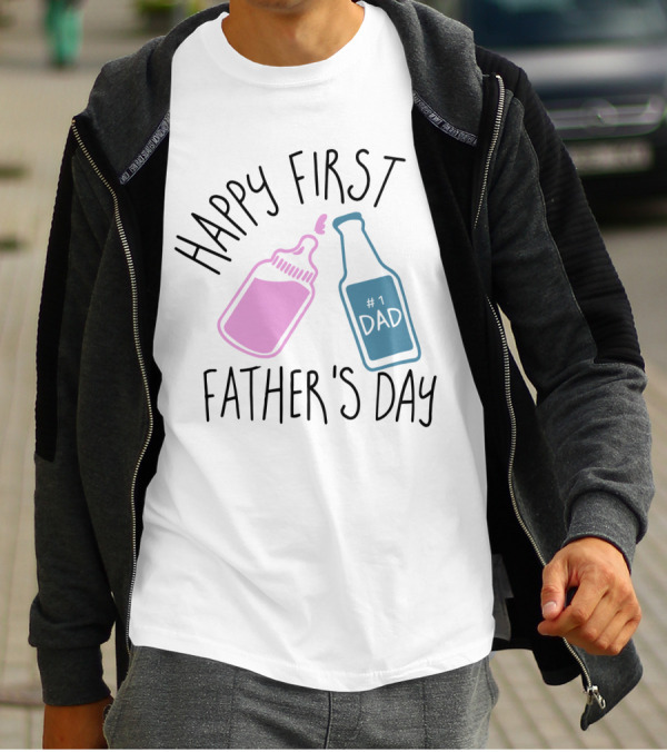 Happy First Father's Day Dad #1 Dad Baby Bottle And Beer Bottle T-Shirt