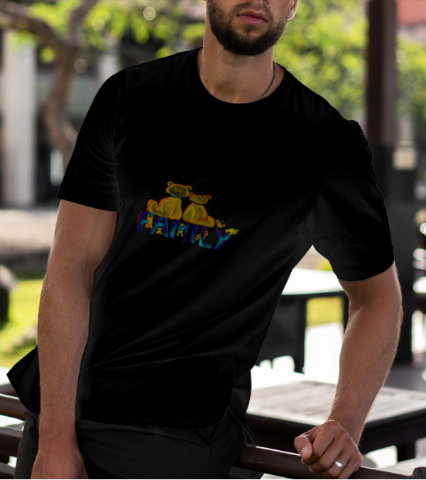 Family Bears With Playful Letters And Flowers In Colorful T-Shirt