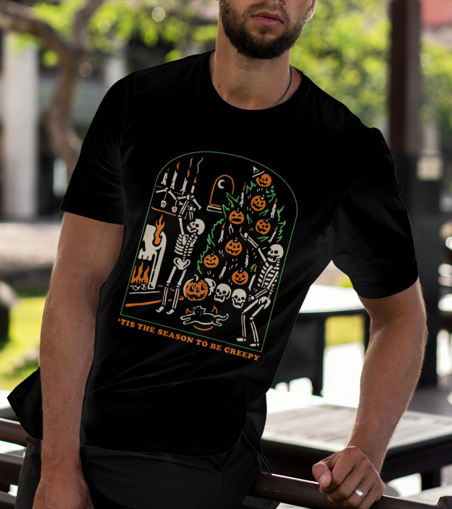 'Tis The Season To Be Creepy Skeletons Decorating With Pumpkins And Skulls T-Shirt
