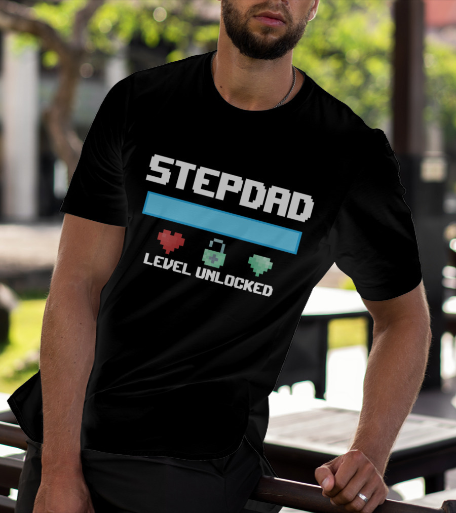 Stepdad Level Unlocked Gamer Hearts Bar Pixel Art New Stepfather Anniversary T-Shirt