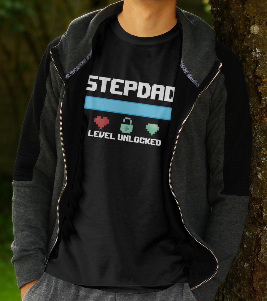 Stepdad Level Unlocked Gamer Hearts Bar Pixel Art New Stepfather Anniversary T-Shirt