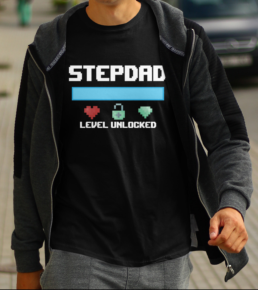 Stepdad Level Unlocked Gamer Hearts Bar Pixel Art New Stepfather Anniversary T-Shirt