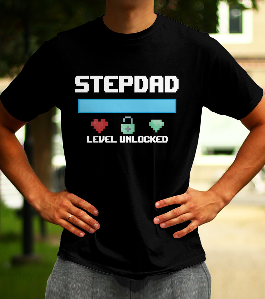 Stepdad Level Unlocked Gamer Hearts Bar Pixel Art New Stepfather Anniversary T-Shirt