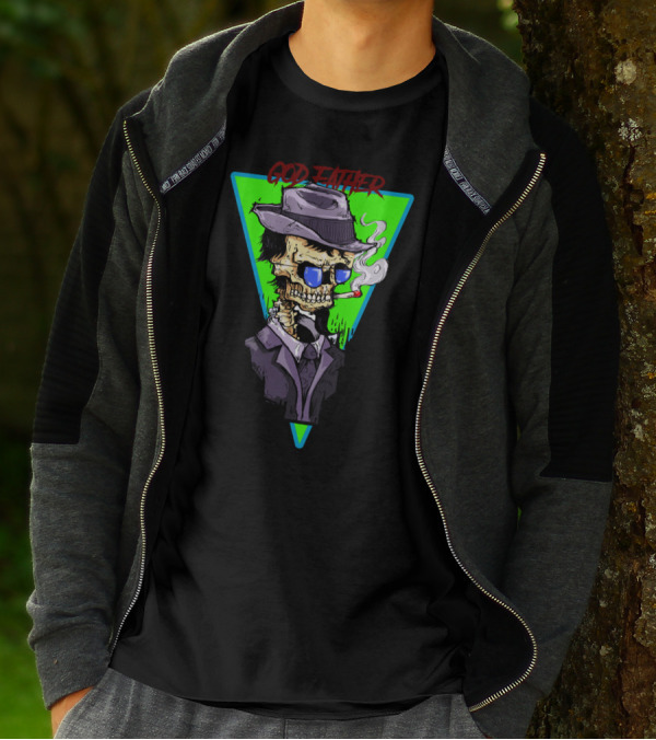 God Father Skull Smoking In Hat And Suit With Vintage T-Shirt