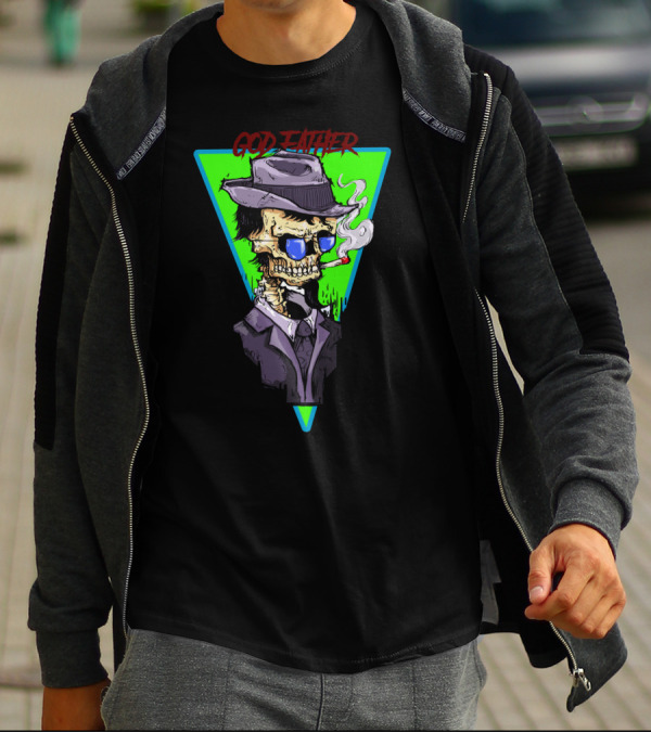 God Father Skull Smoking In Hat And Suit With Vintage T-Shirt