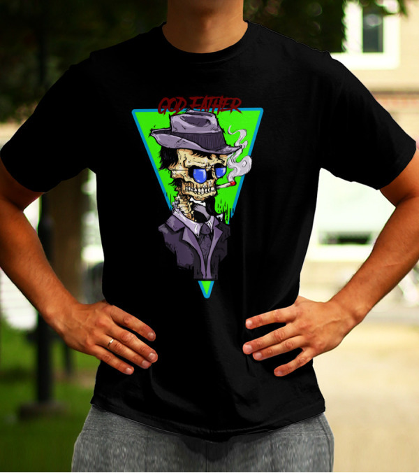 God Father Skull Smoking In Hat And Suit With Vintage T-Shirt