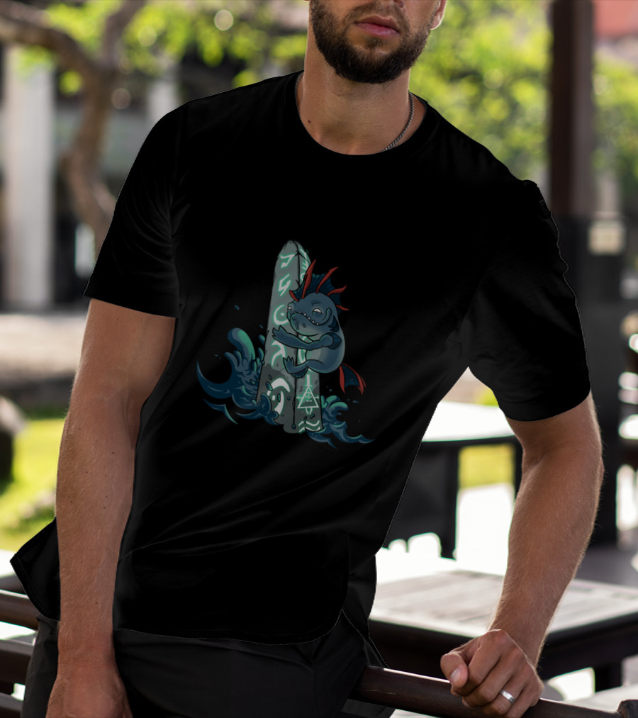 The Hug Of Dagon Creature Embracing Magic Rune Stone With Mystical Symbols And Ocean Waves T-Shirt