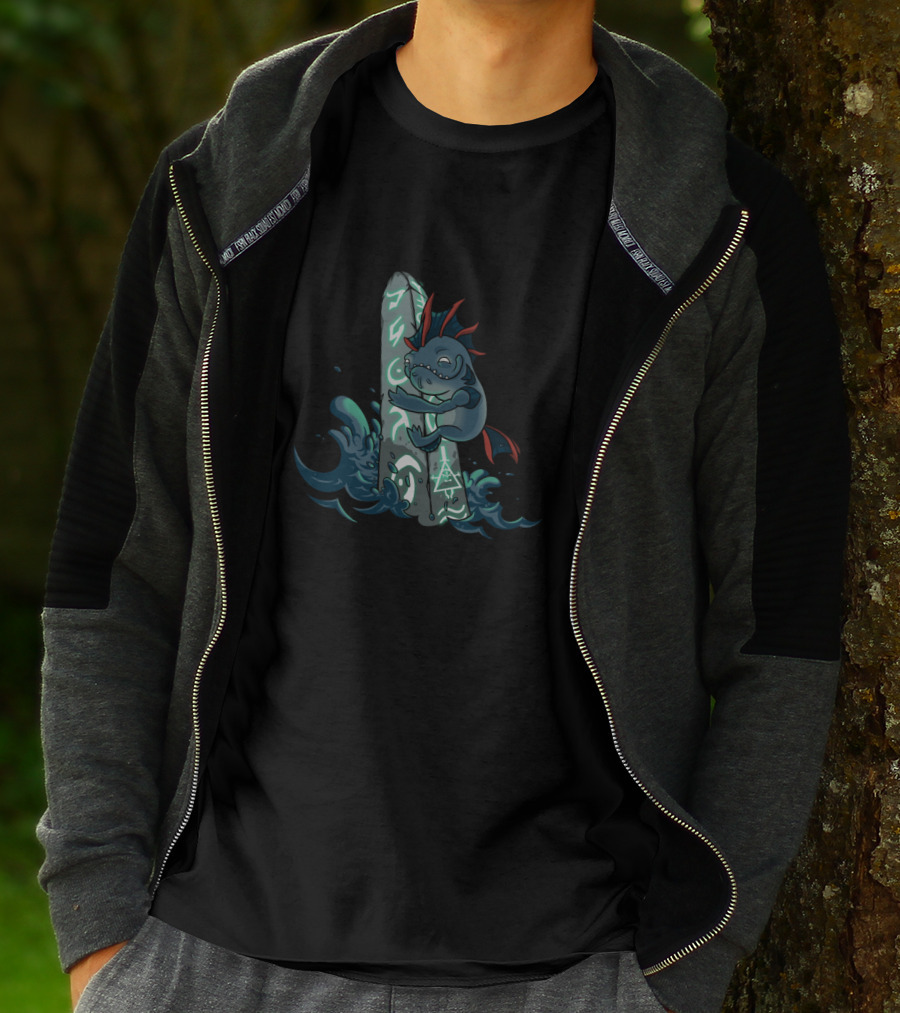 The Hug Of Dagon Creature Embracing Magic Rune Stone With Mystical Symbols And Ocean Waves T-Shirt