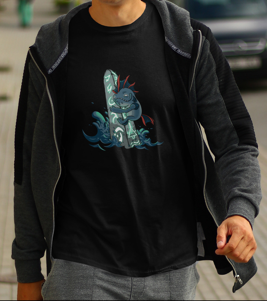The Hug Of Dagon Creature Embracing Magic Rune Stone With Mystical Symbols And Ocean Waves T-Shirt