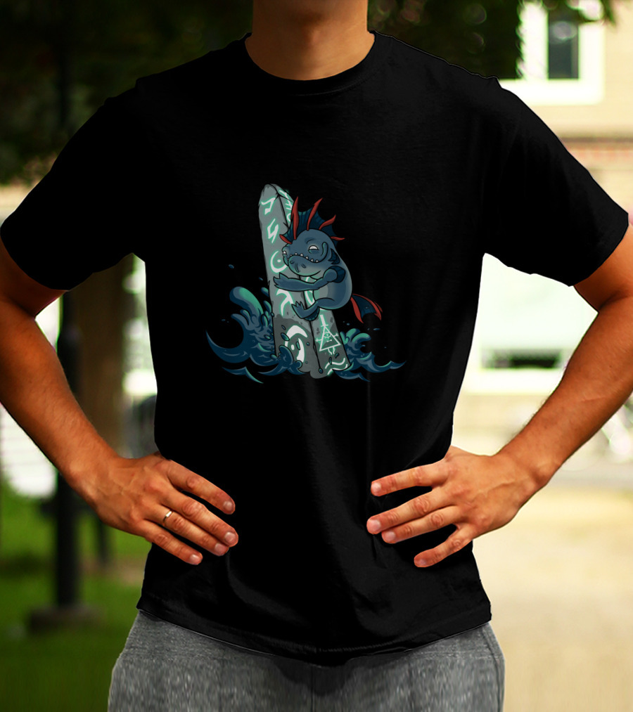 The Hug Of Dagon Creature Embracing Magic Rune Stone With Mystical Symbols And Ocean Waves T-Shirt