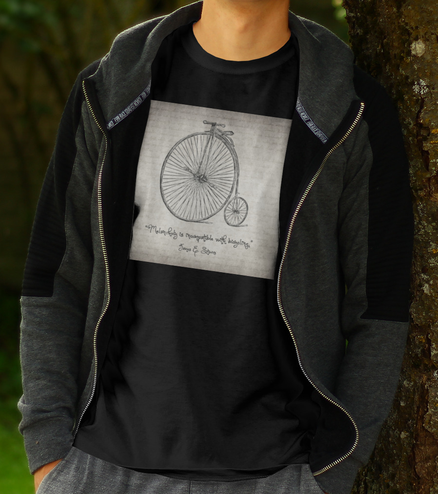 Melancholy Is Incompatible With Bicycling Quote By James E. Starrs With Vintage Penny-Farthing Sketch T-Shirt