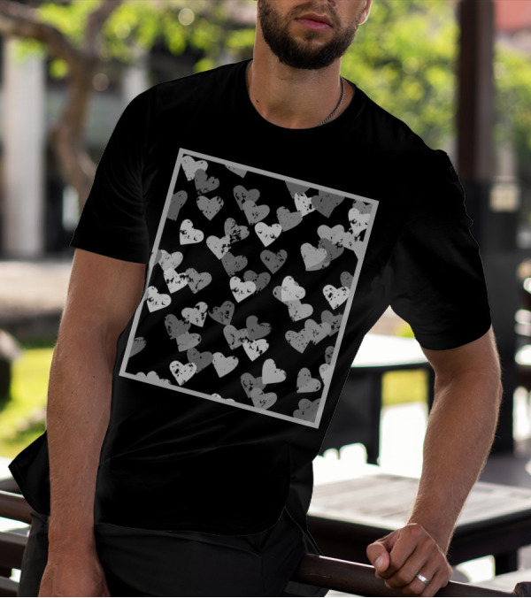Grey Hearts Pattern With Grunge Texture In Grey Frame T-Shirt