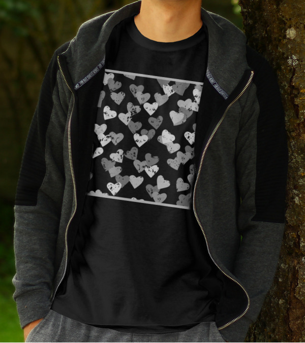 Grey Hearts Pattern With Grunge Texture In Grey Frame T-Shirt