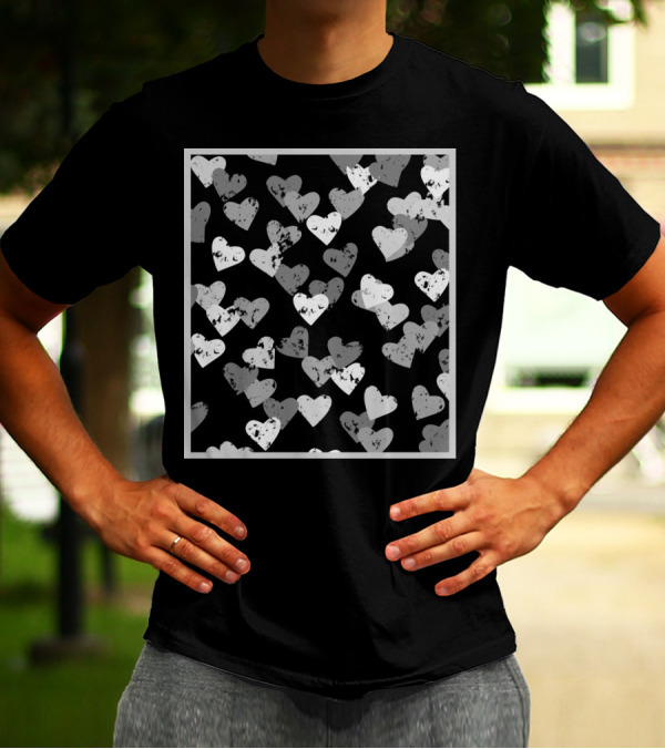 Grey Hearts Pattern With Grunge Texture In Grey Frame T-Shirt
