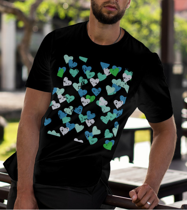 Blue Hearts Pattern With Mixed Colors And Grunge Texture T-Shirt
