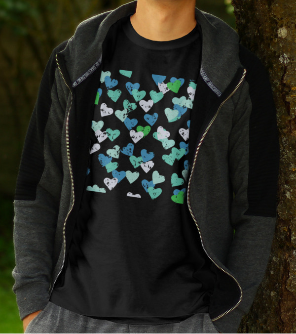Blue Hearts Pattern With Mixed Colors And Grunge Texture T-Shirt