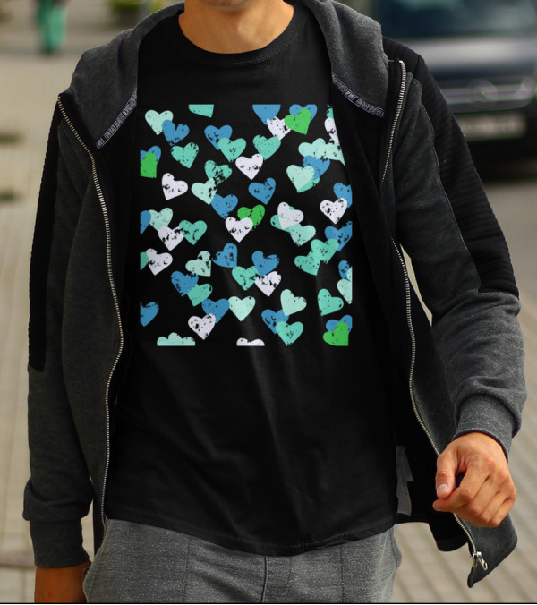 Blue Hearts Pattern With Mixed Colors And Grunge Texture T-Shirt