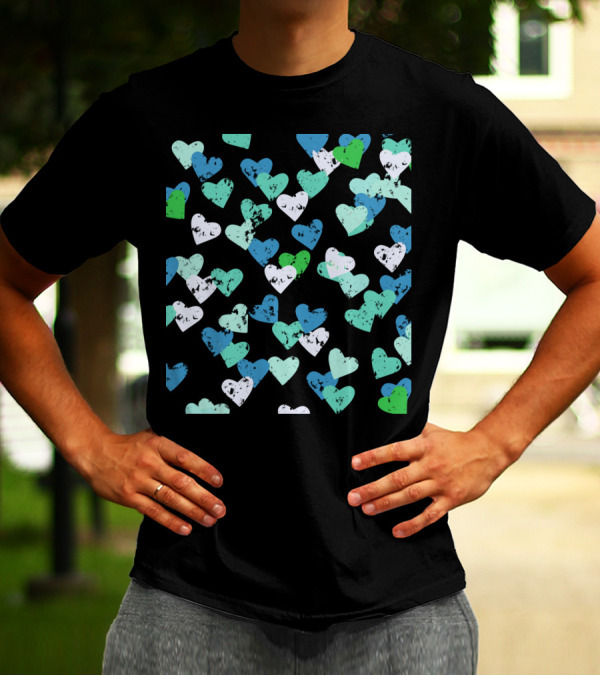 Blue Hearts Pattern With Mixed Colors And Grunge Texture T-Shirt
