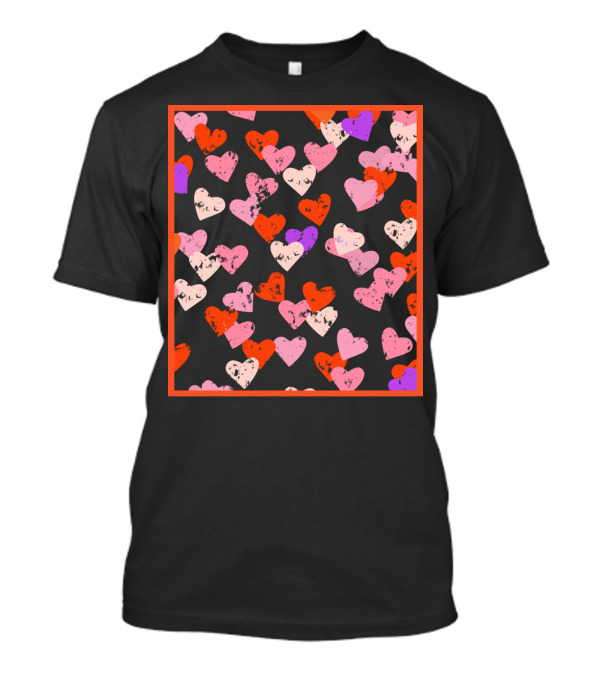 Red Pink Purple Hearts Pattern With Red Frame T-Shirt