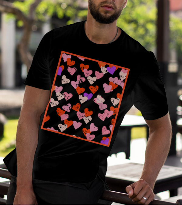 Red Pink Purple Hearts Pattern With Red Frame T-Shirt