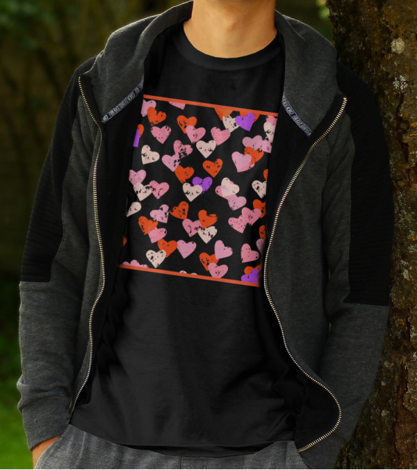 Red Pink Purple Hearts Pattern With Red Frame T-Shirt