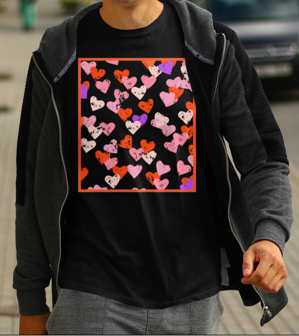 Red Pink Purple Hearts Pattern With Red Frame T-Shirt