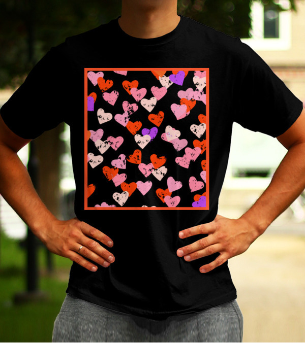 Red Pink Purple Hearts Pattern With Red Frame T-Shirt