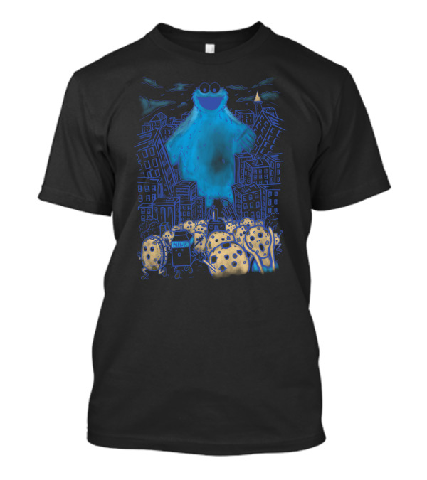 Monster In The City With Blue Furry Creature And Cookie-Themed Characters T-Shirt