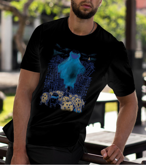 Monster In The City With Blue Furry Creature And Cookie-Themed Characters T-Shirt