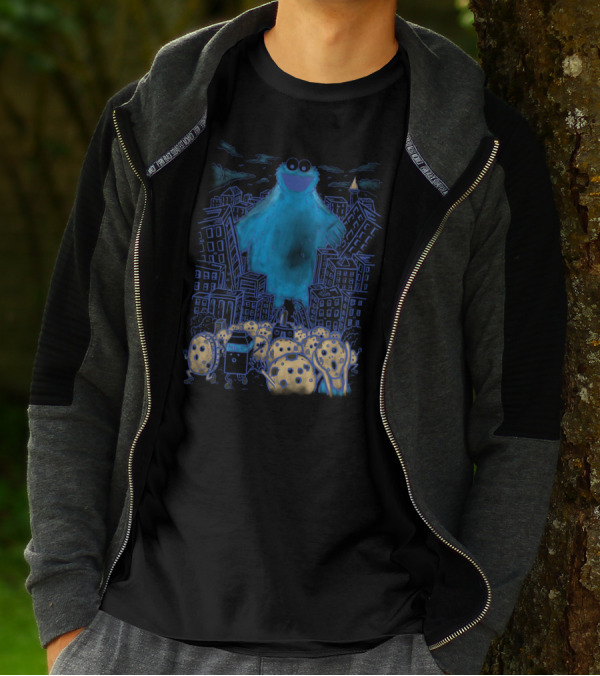 Monster In The City With Blue Furry Creature And Cookie-Themed Characters T-Shirt