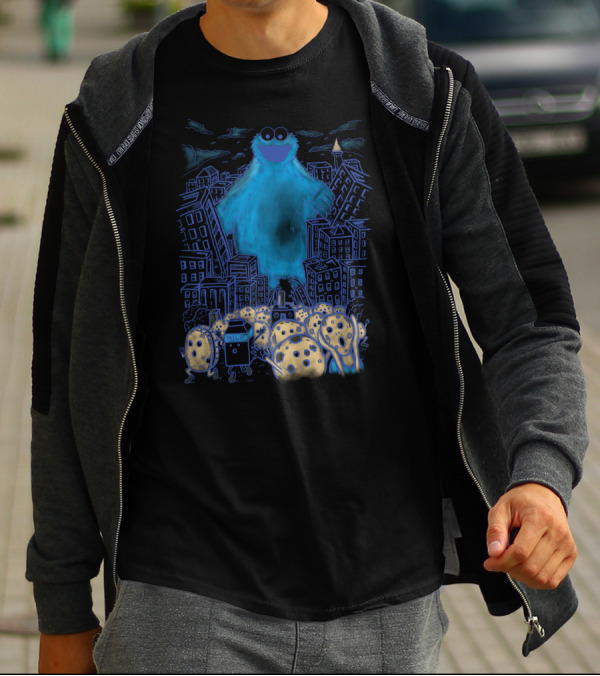 Monster In The City With Blue Furry Creature And Cookie-Themed Characters T-Shirt