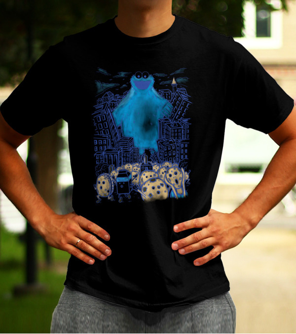 Monster In The City With Blue Furry Creature And Cookie-Themed Characters T-Shirt