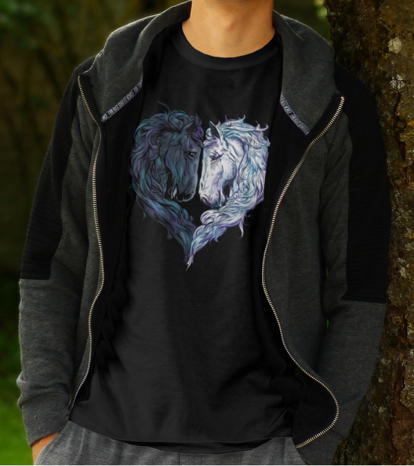 Love Horses Artistic Heart-Shaped Black And White Horse T-Shirt