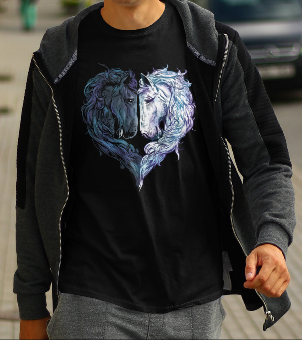 Love Horses Artistic Heart-Shaped Black And White Horse T-Shirt