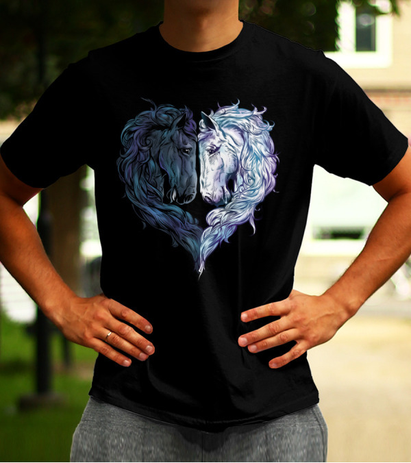 Love Horses Artistic Heart-Shaped Black And White Horse T-Shirt