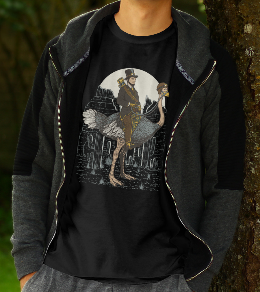 The Lone Ranger Gentlemen In Top Hat Riding Ostrich In Desert Moonlit Scene T-Shirt