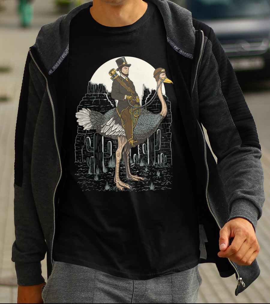 The Lone Ranger Gentlemen In Top Hat Riding Ostrich In Desert Moonlit Scene T-Shirt