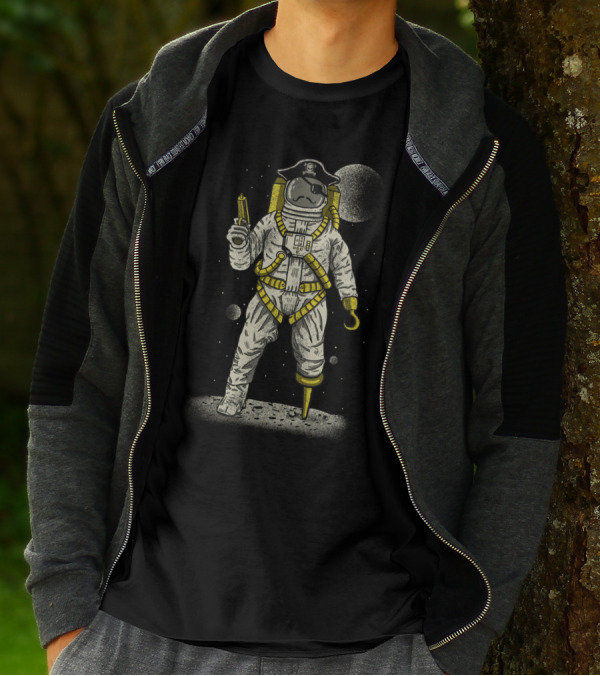 Astronaut Pirate With Eyepatch Hook And Parrot On Moon Space Adventure T-Shirt
