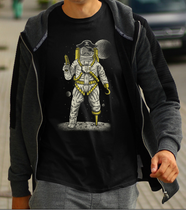 Astronaut Pirate With Eyepatch Hook And Parrot On Moon Space Adventure T-Shirt