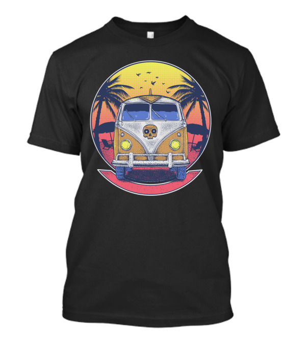 Vintage Beach Sunset Van With Palm Trees And Skull Front T-Shirt