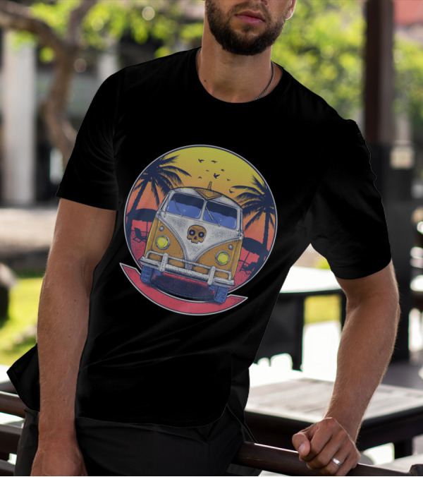 Vintage Beach Sunset Van With Palm Trees And Skull Front T-Shirt