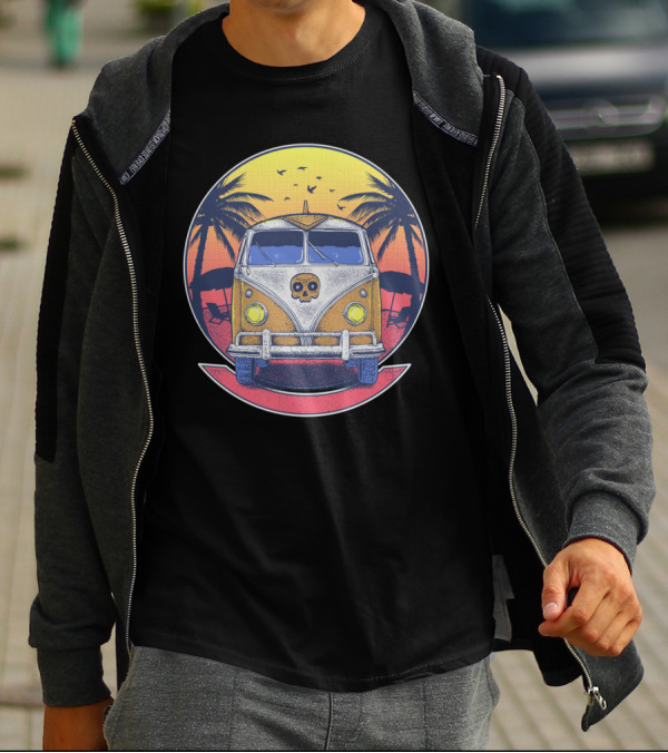Vintage Beach Sunset Van With Palm Trees And Skull Front T-Shirt