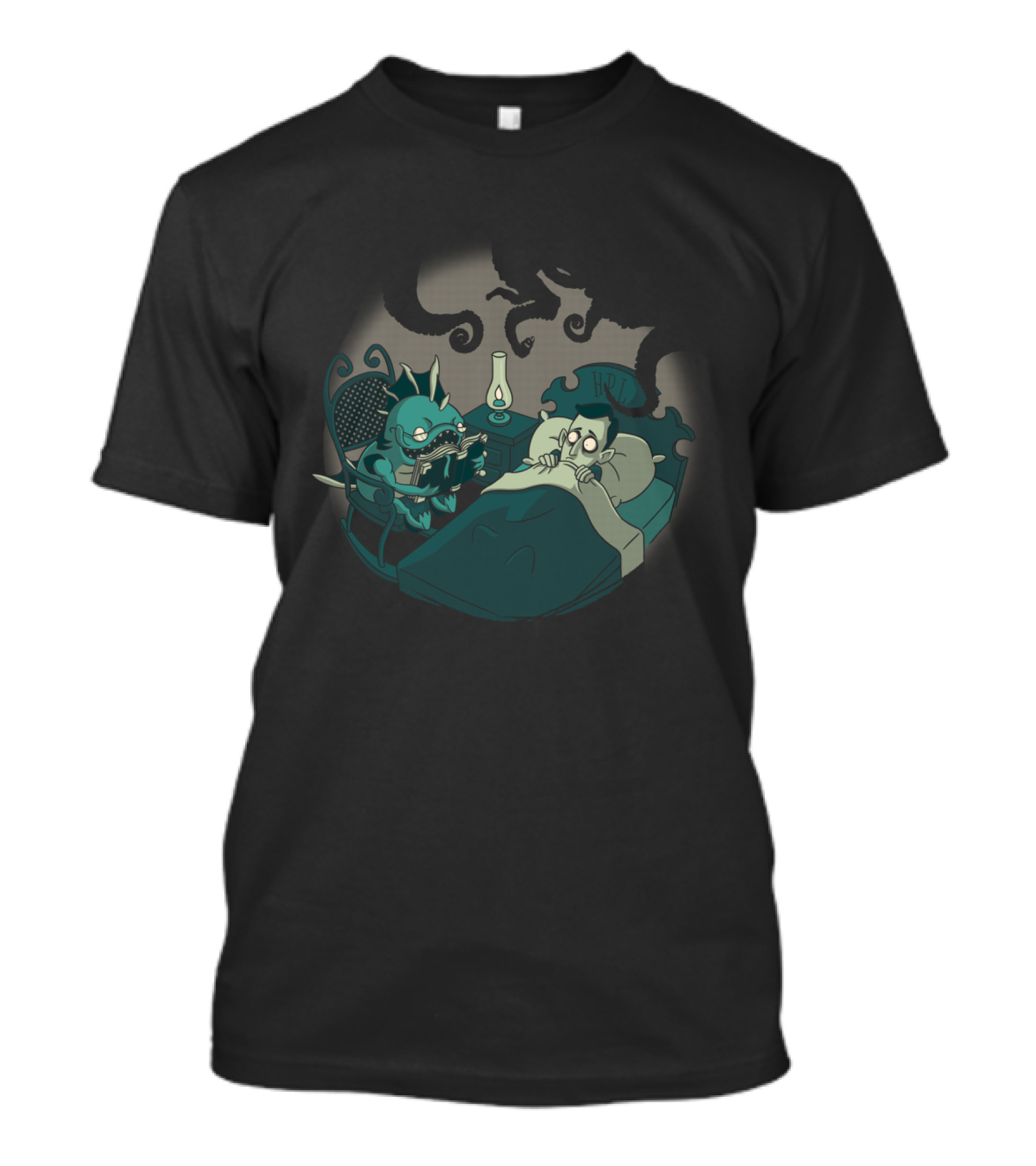 Lovecraft Tales Creature Reads In Bed With Shadowy Tentacles And Lamp T-Shirt