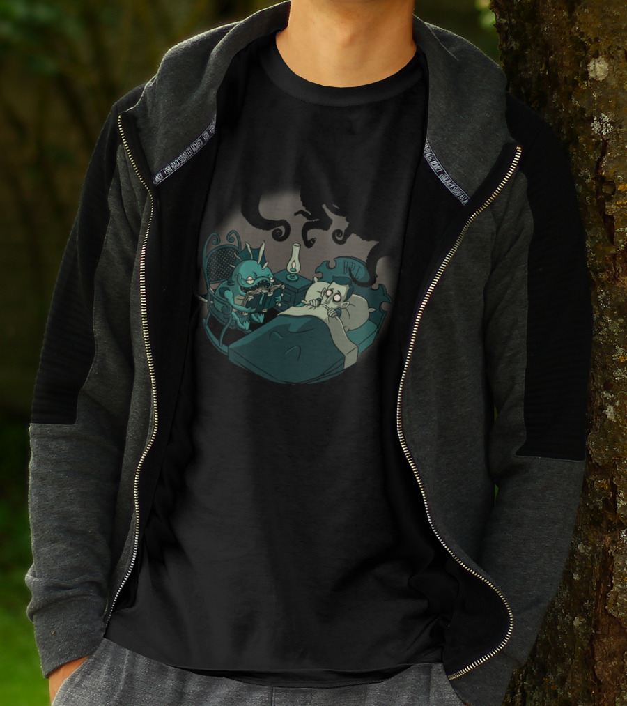 Lovecraft Tales Creature Reads In Bed With Shadowy Tentacles And Lamp T-Shirt