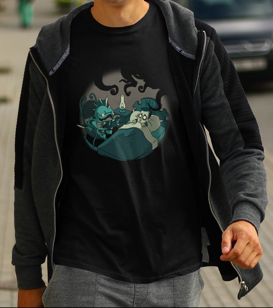 Lovecraft Tales Creature Reads In Bed With Shadowy Tentacles And Lamp T-Shirt