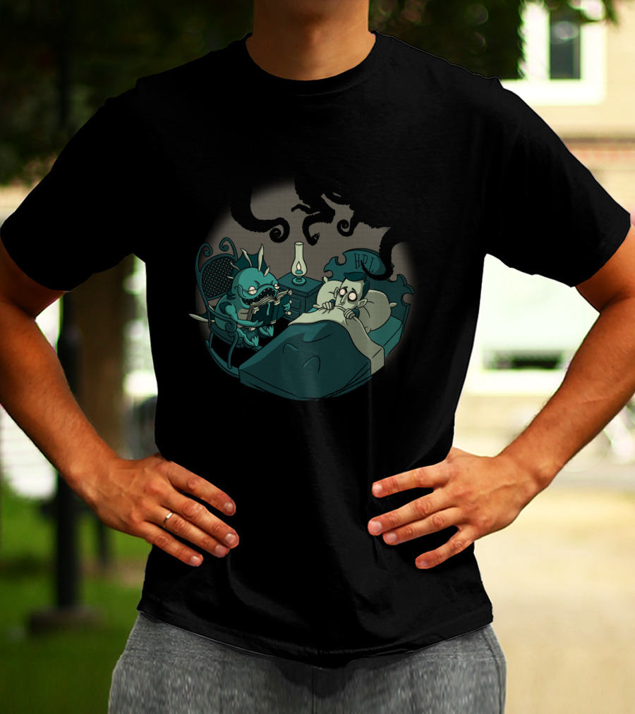 Lovecraft Tales Creature Reads In Bed With Shadowy Tentacles And Lamp T-Shirt
